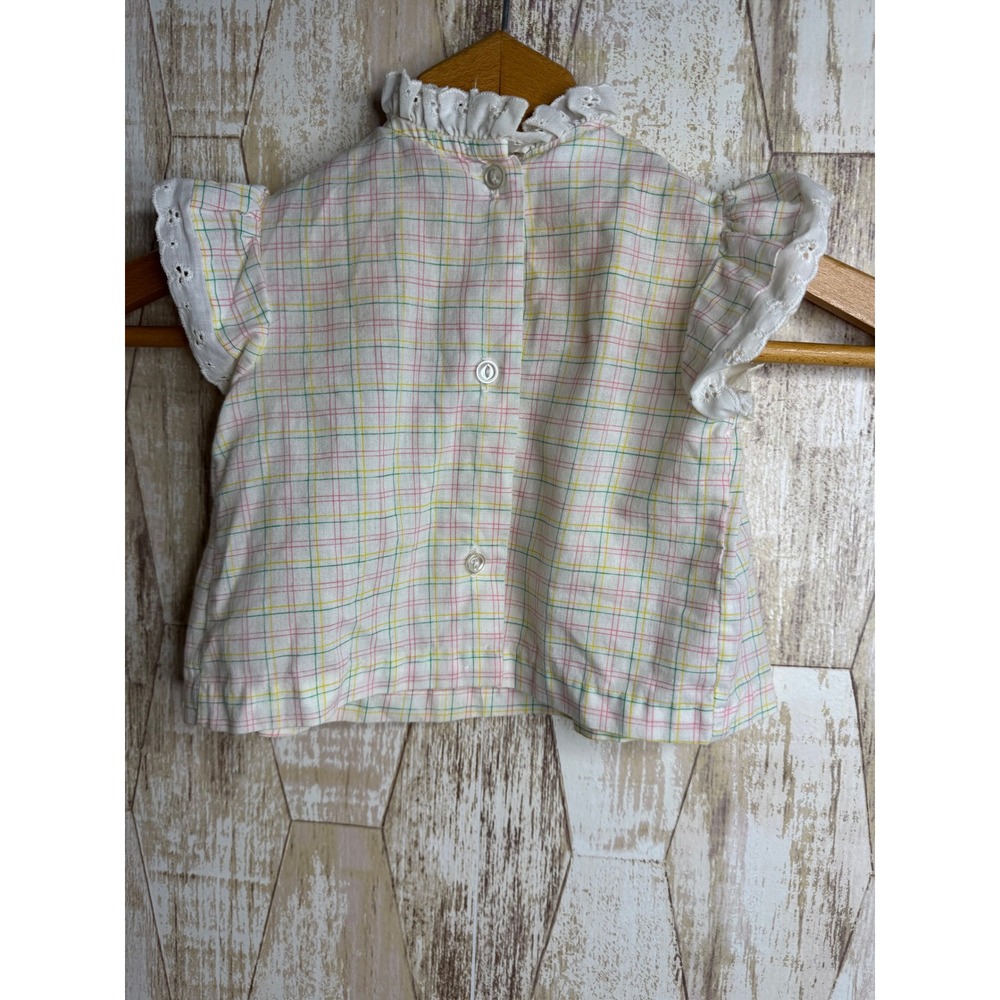 Vintage Toddle Time‎ JC Penney Baby Girl Top Yellow Plaid Eyelet Trim Size 1 - Picture 2 of 6